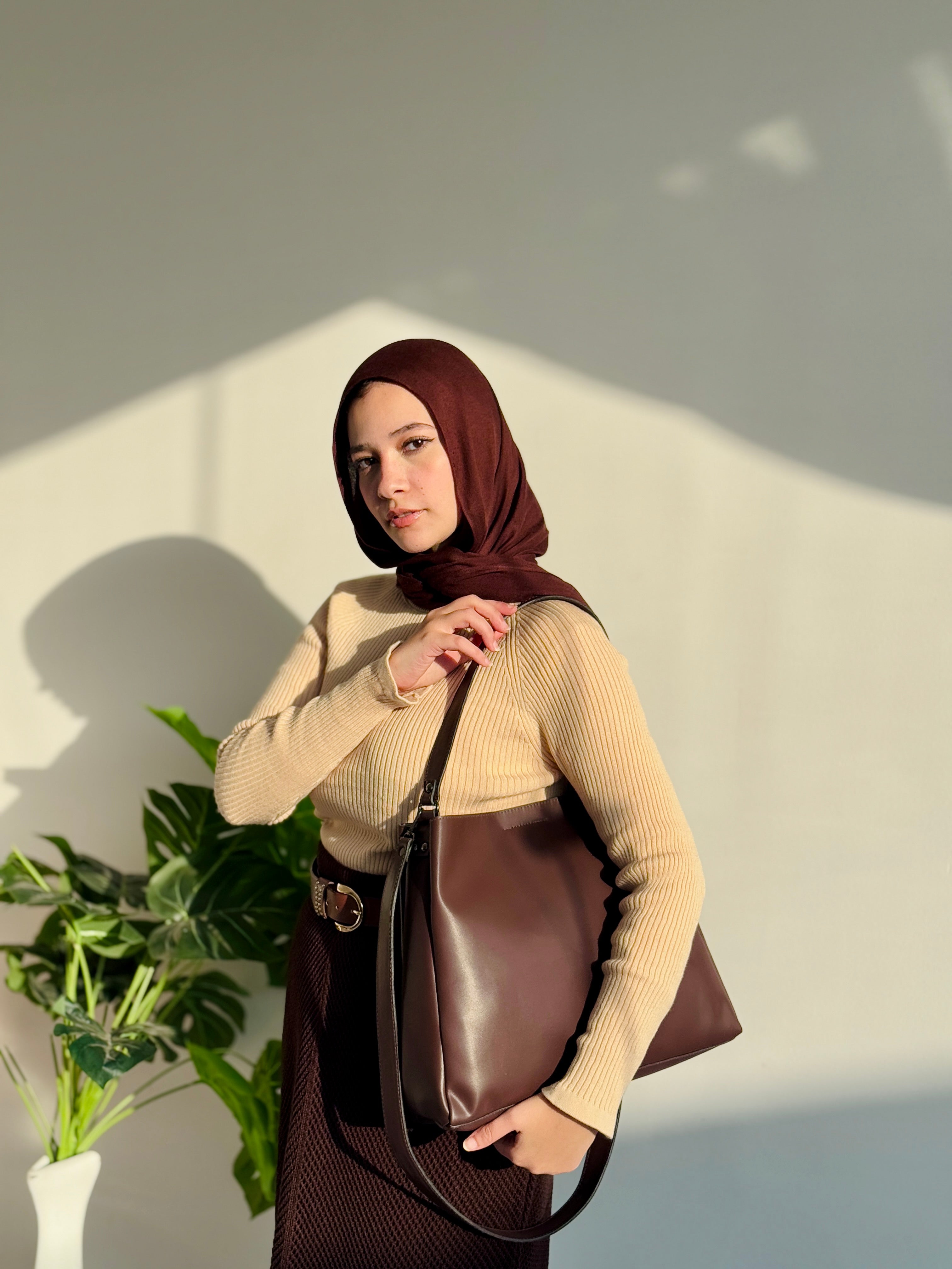 Leather Crossbody Tote Bag- Brown