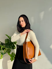 Leather Crossbody Tote Bag- Camel