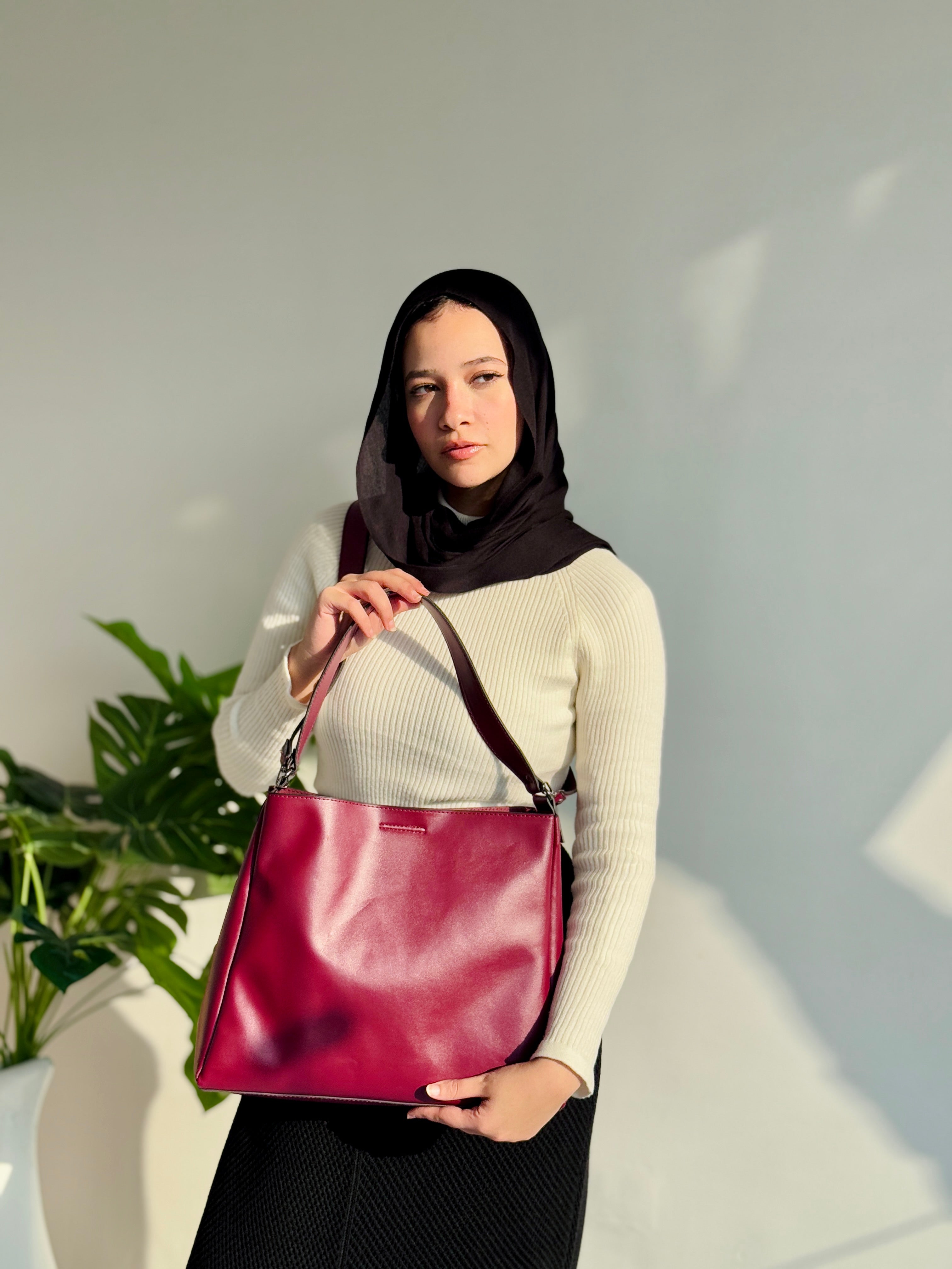 Leather Crossbody Tote Bag- Burgundy