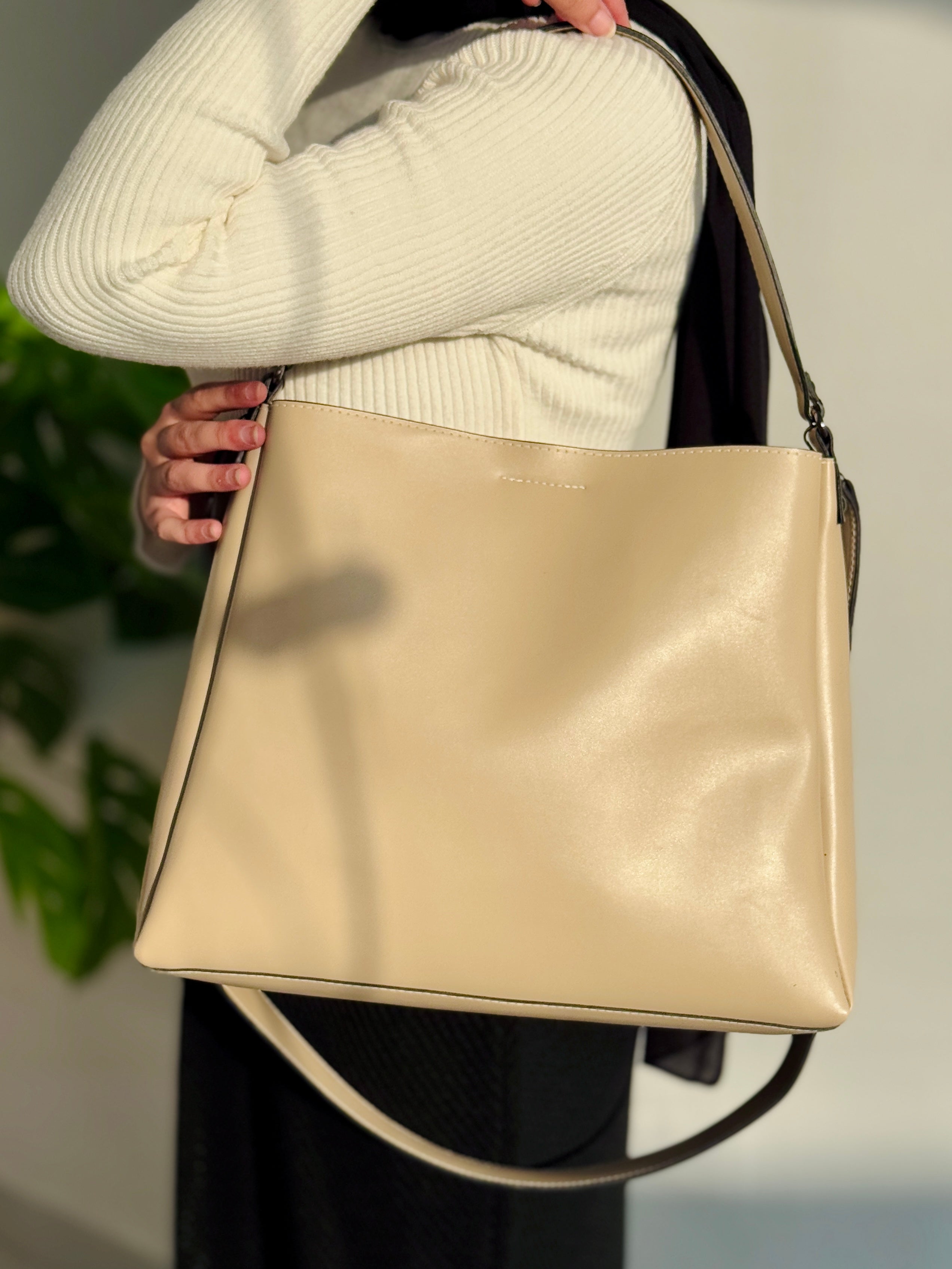 Leather Crossbody Tote Bag- Beige