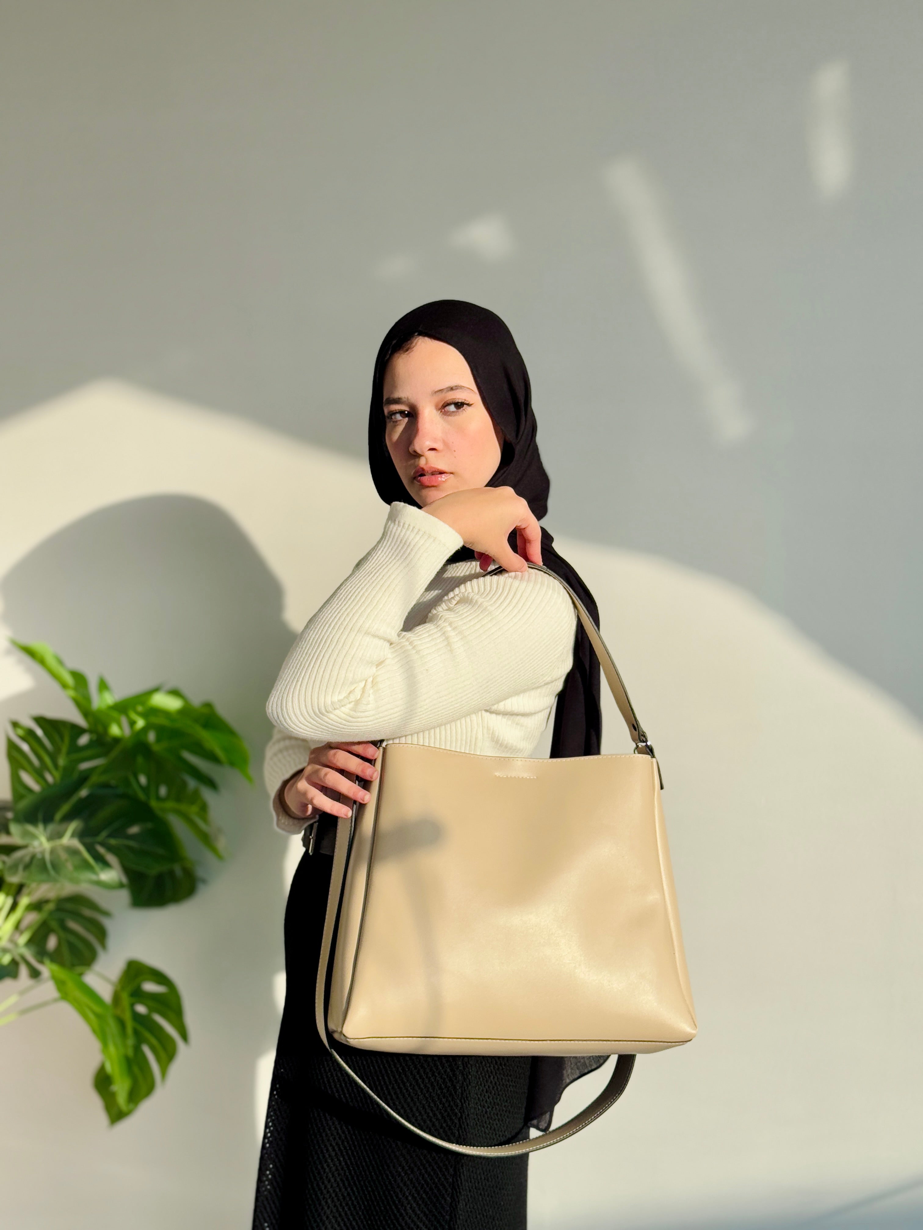 Leather Crossbody Tote Bag- Beige