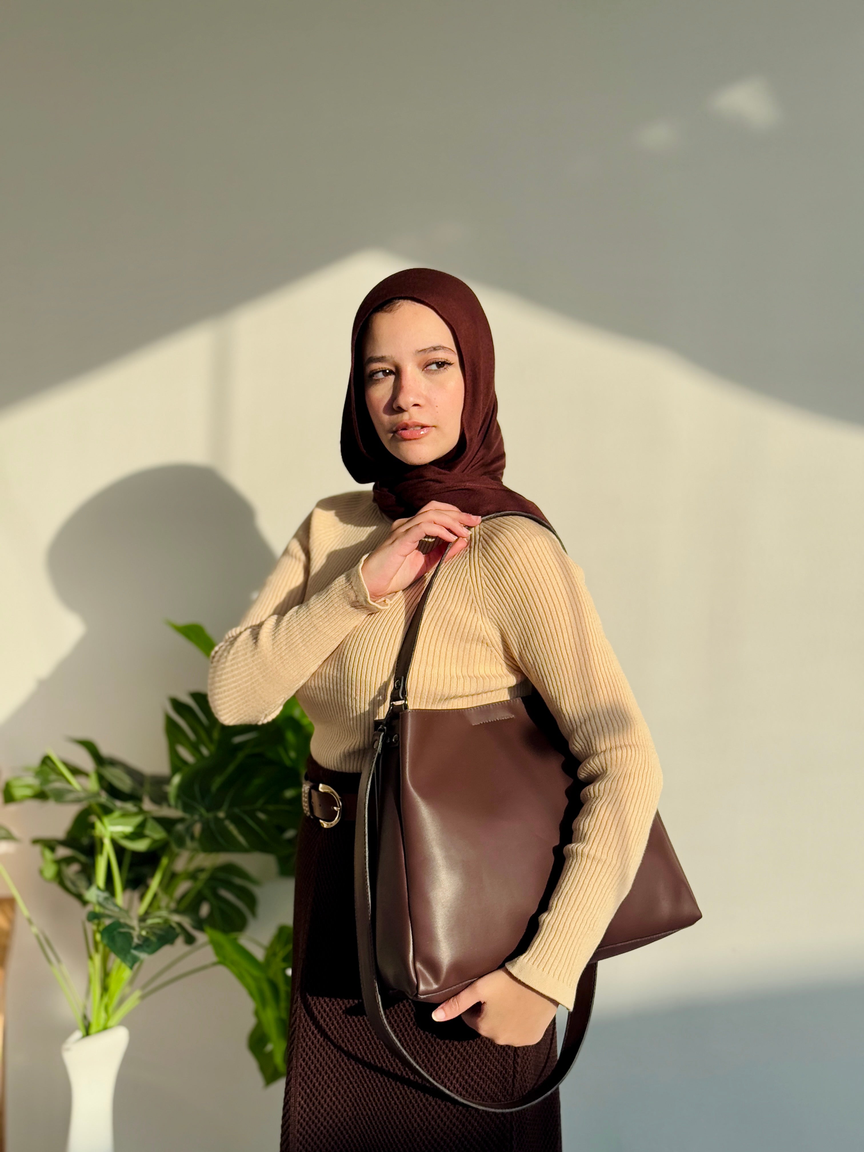 Leather Crossbody Tote Bag- Brown