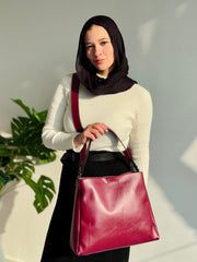 Leather Crossbody Tote Bag- Burgundy