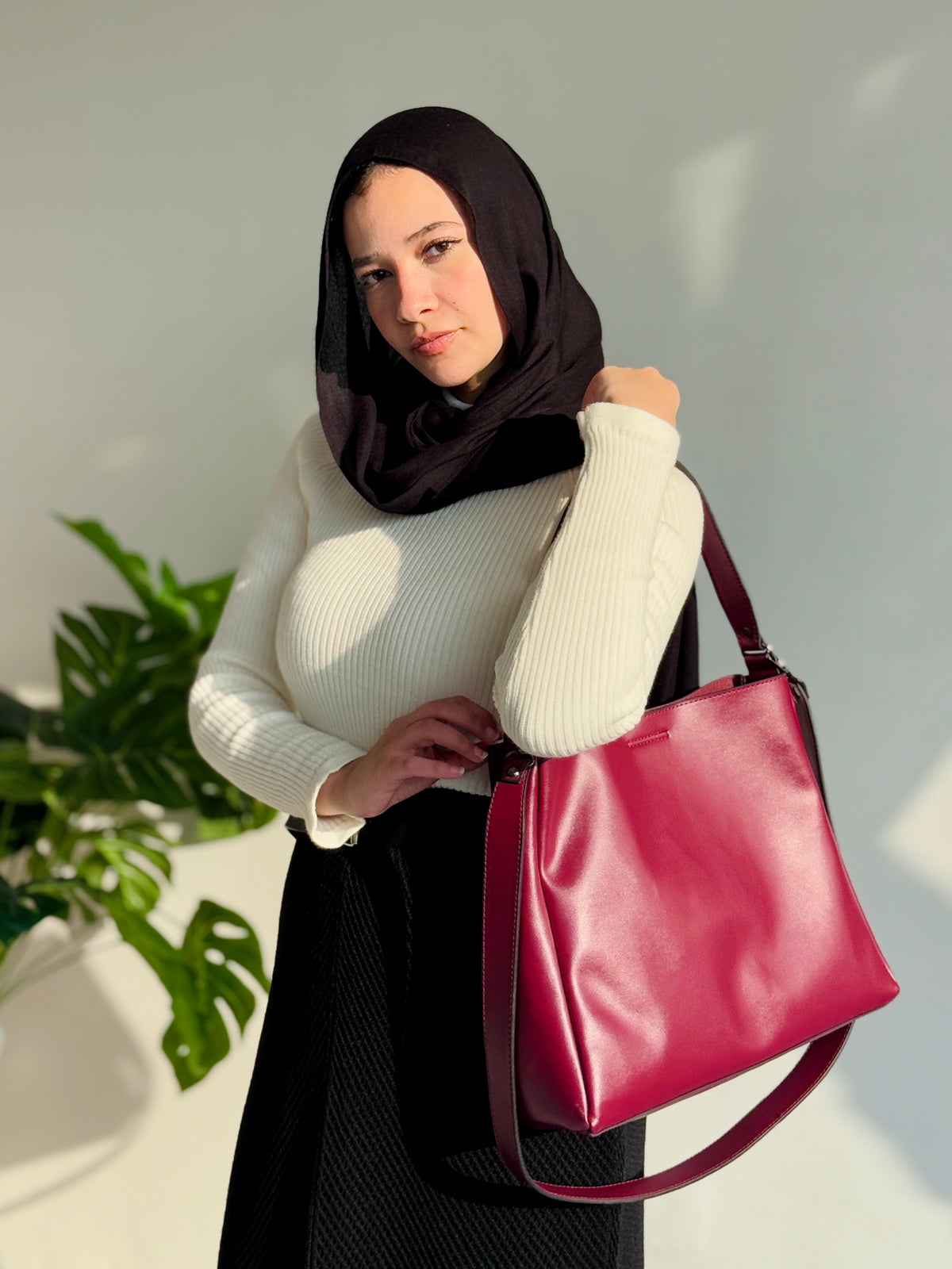 Leather Crossbody Tote Bag- Burgundy