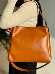 Leather Crossbody Tote Bag- Camel