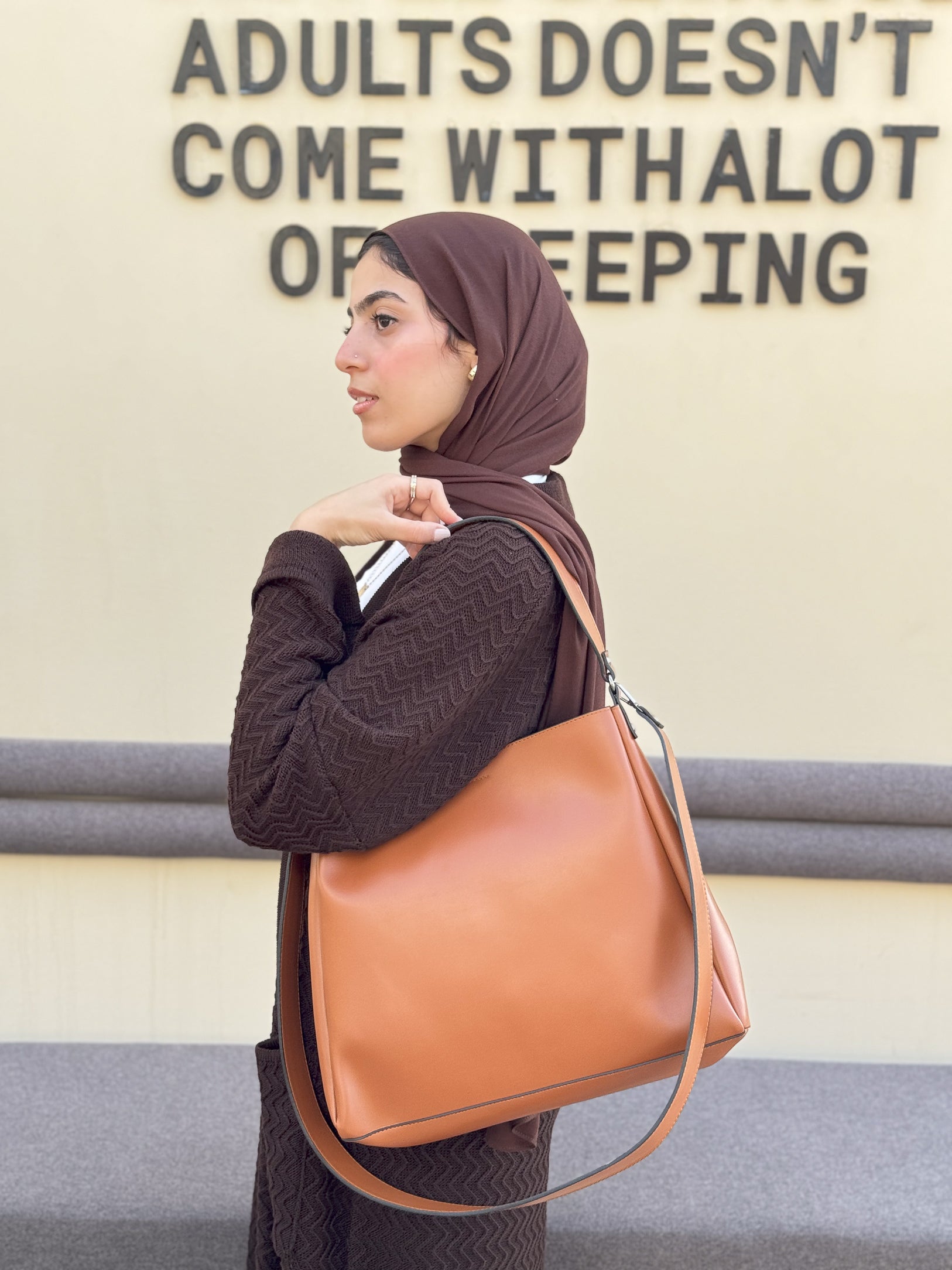 Leather Crossbody Tote Bag- Camel