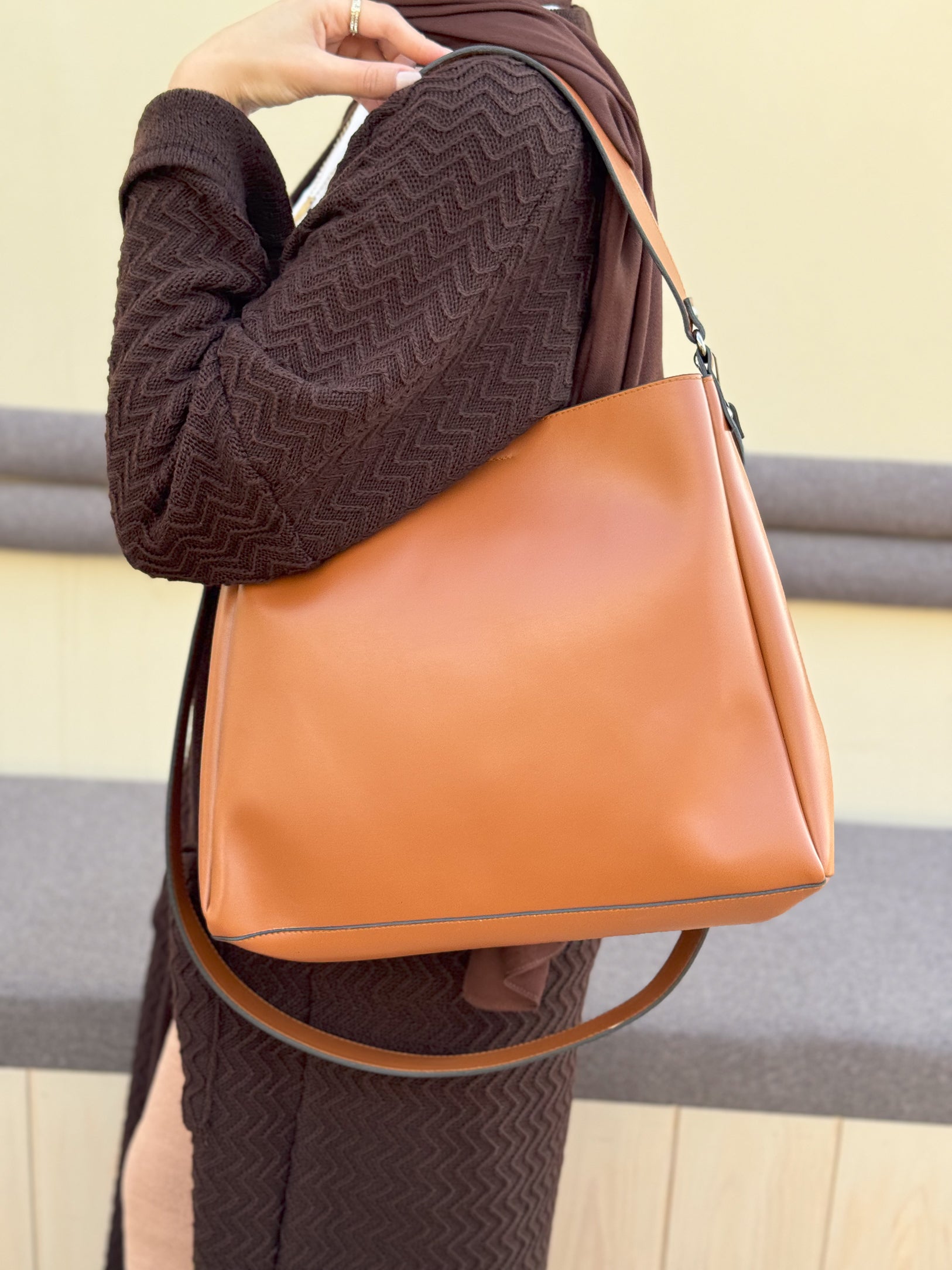 Leather Crossbody Tote Bag- Camel