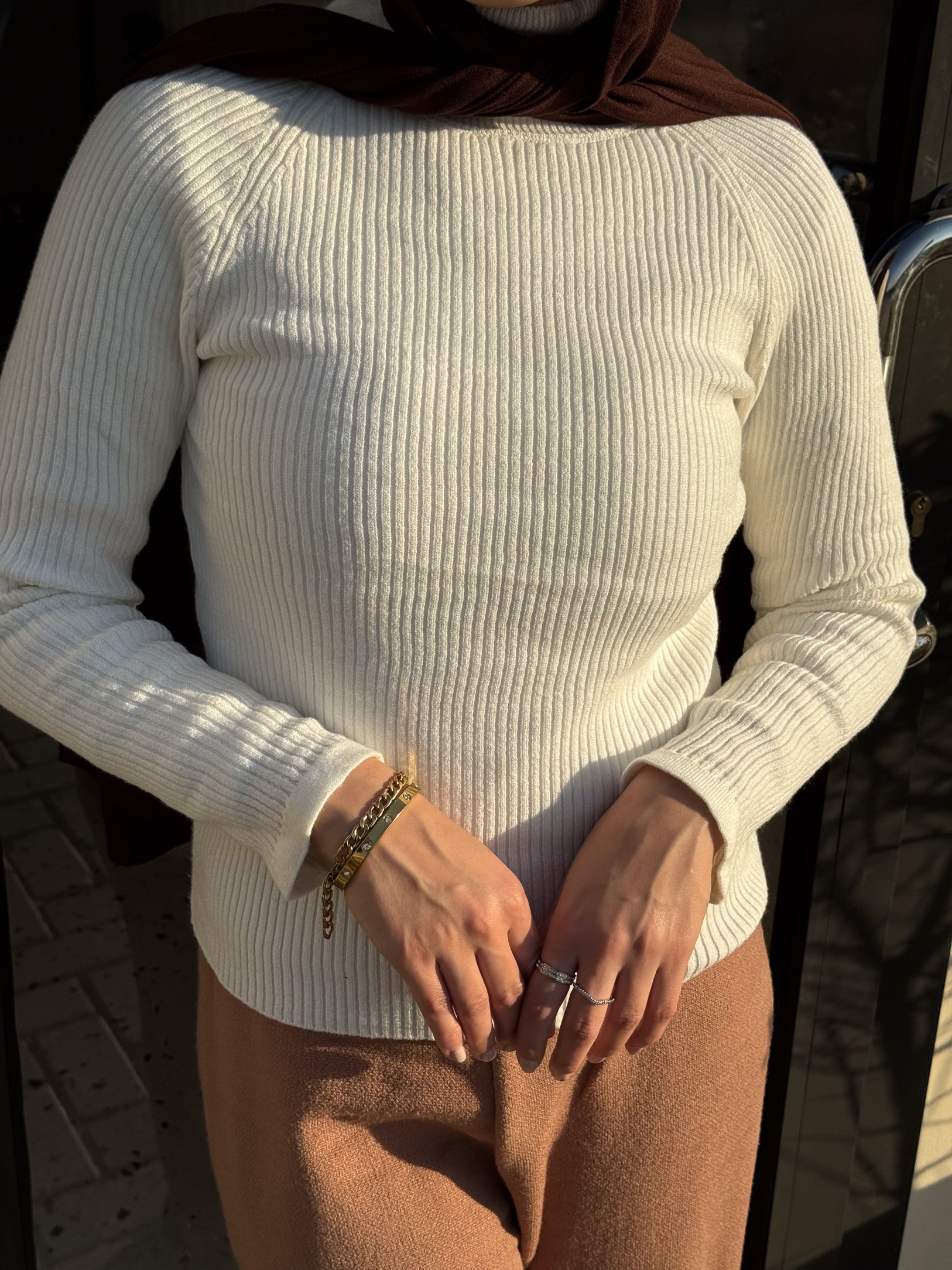 Turtleneck Ribbed Knit Top- Off-White