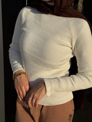 Turtleneck Ribbed Knit Top- Off-White