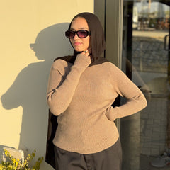 Turtleneck Ribbed Knit Top- Cafe