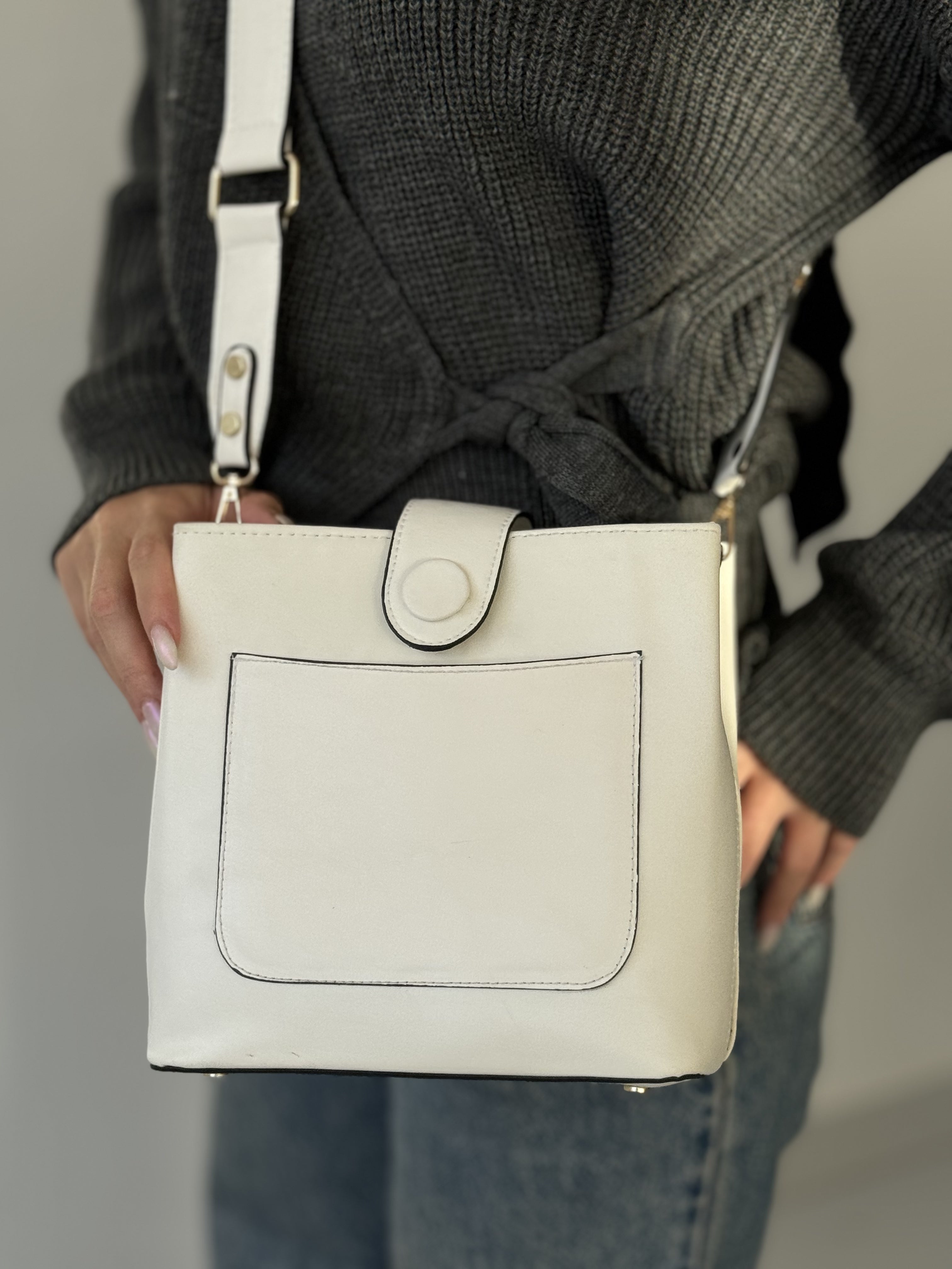 White Leather Bucket Bag