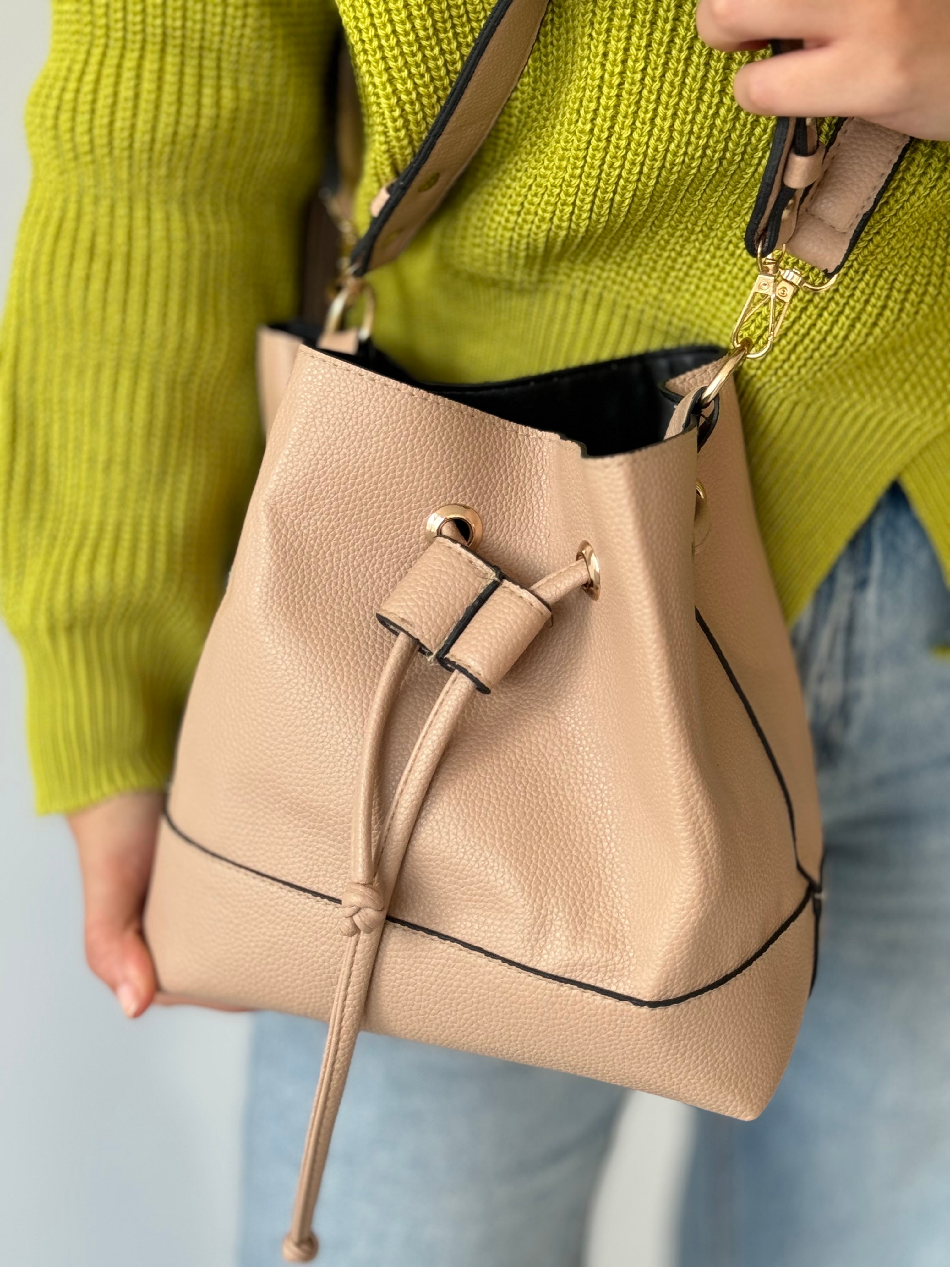 Drawstring Bucket Bag-Beig