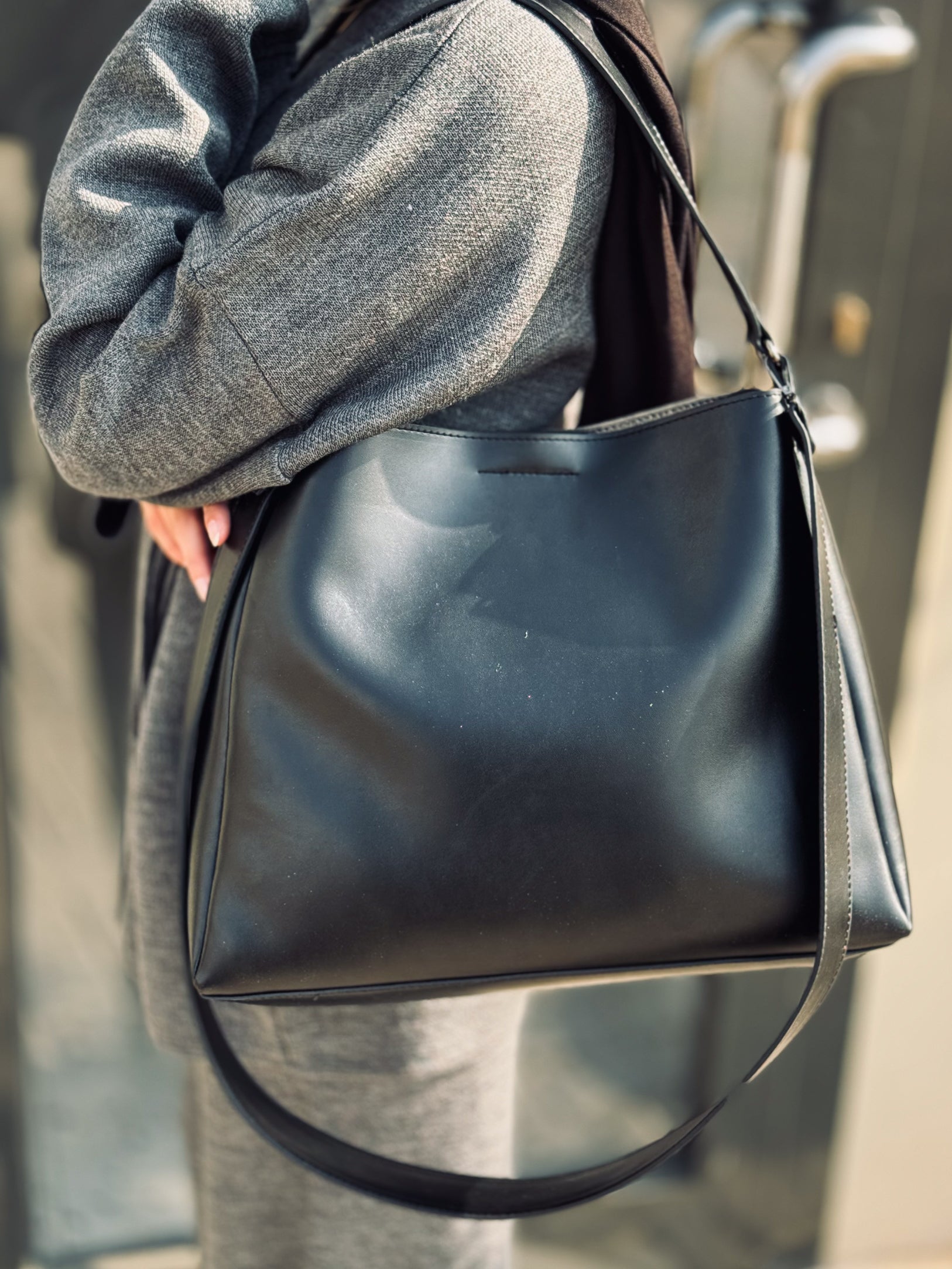 Leather Crossbody Tote Bag- Black