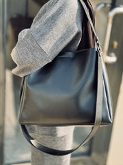 Leather Crossbody Tote Bag- Black